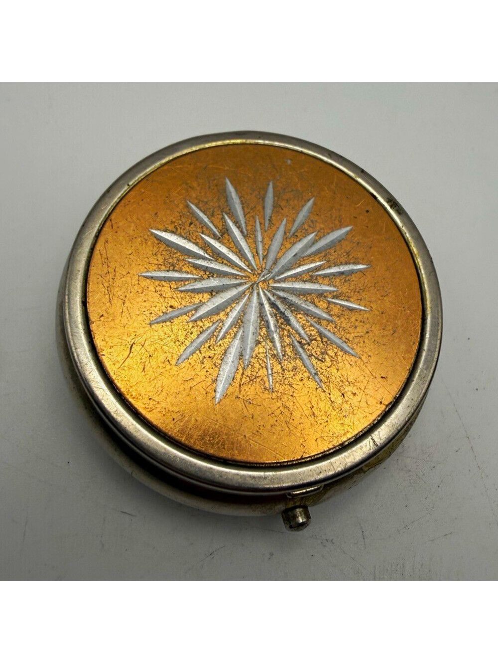 Vintage Round Starburst Pill Box, 3 Compartments Made in Hong Kong